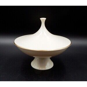 Lenox Porcelain MCM Candy Dish Beverly Compote USA Atomic Gold Accent 8-1/2 Inch